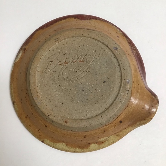 Studio Art Pottery Saucer Bowl Spout Burgundy Tan Speckle SIGNED Wheat Stoneware - Picture 12 of 16